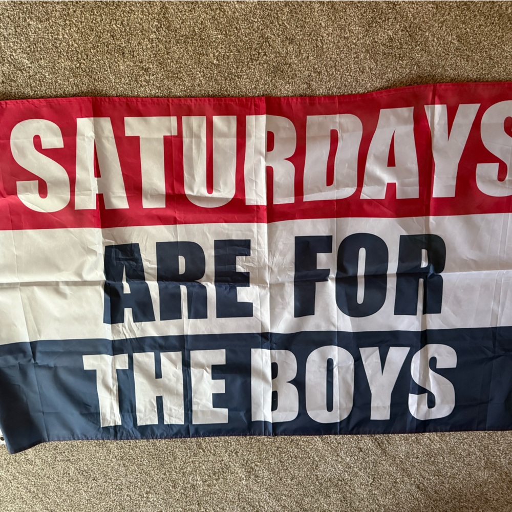 Red, White, and Blue Flag with Bold Text